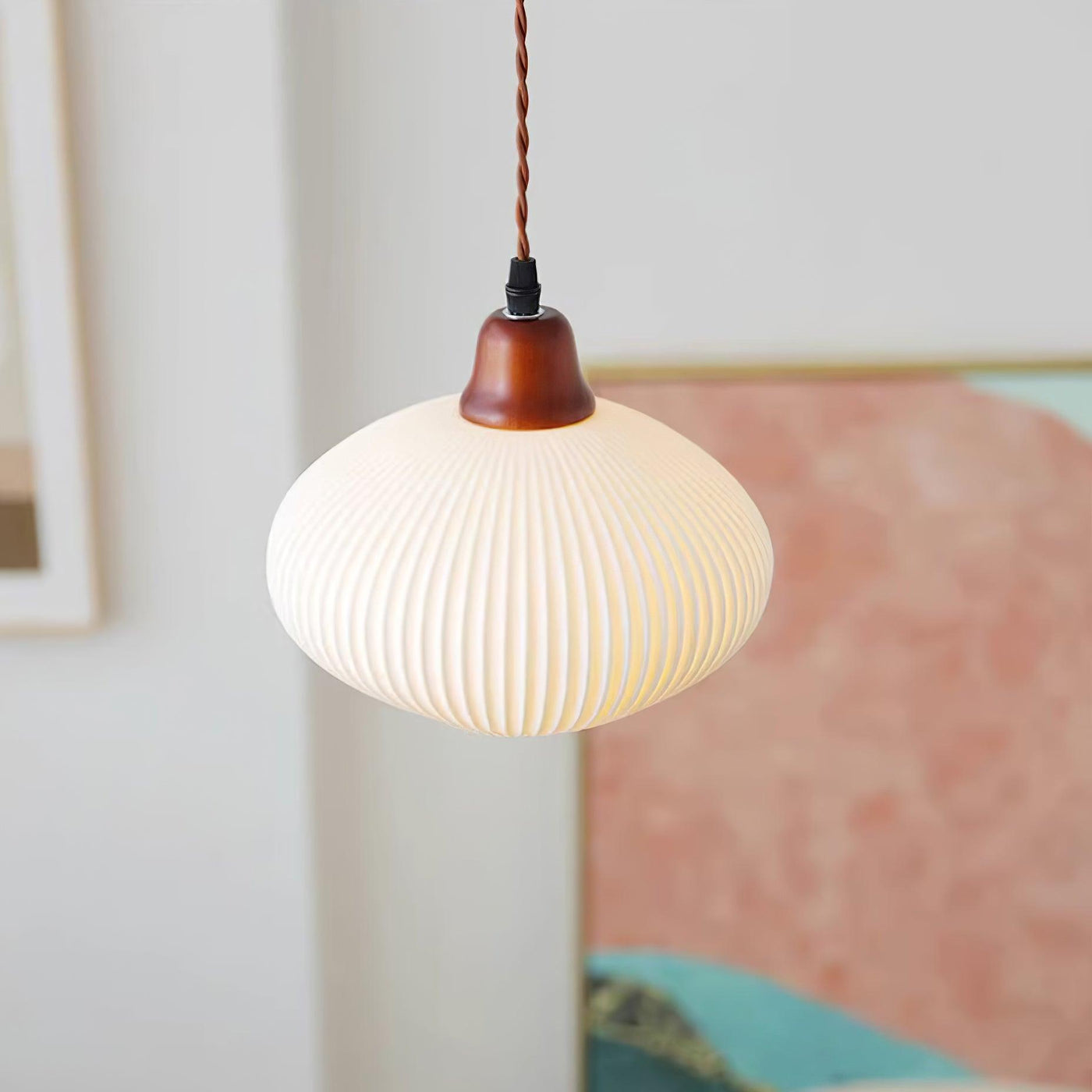 Rustic Ceramic Pendant Light with Oak Accent