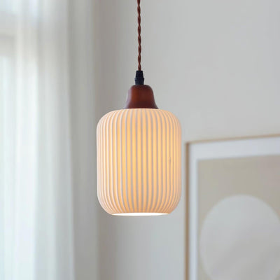 Rustic Ceramic Pendant Light with Oak Accent