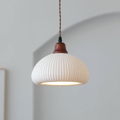 Rustic Ceramic Pendant Light with Oak Accent