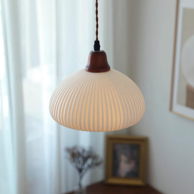 Rustic Ceramic Pendant Light with Oak Accent