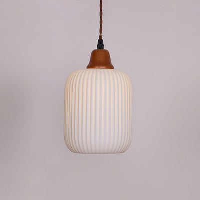 Rustic Ceramic Pendant Light with Oak Accent
