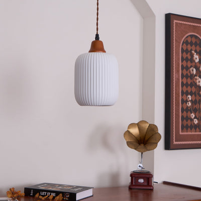 Rustic Ceramic Pendant Light with Oak Accent