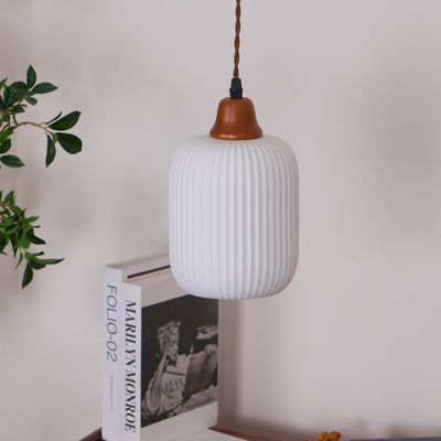 Rustic Ceramic Pendant Light with Oak Accent