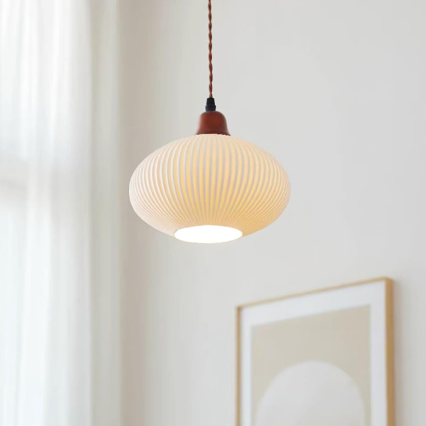 Rustic Ceramic Pendant Light with Oak Accent