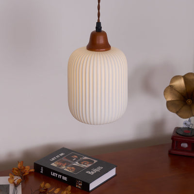 Rustic Ceramic Pendant Light with Oak Accent