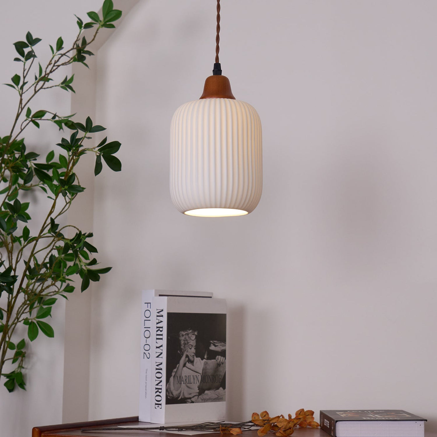 Rustic Ceramic Pendant Light with Oak Accent