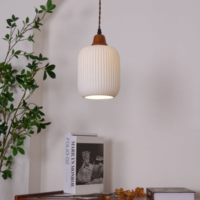 Rustic Ceramic Pendant Light with Oak Accent