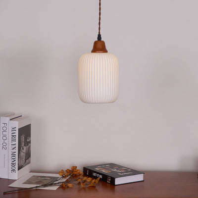Rustic Ceramic Pendant Light with Oak Accent