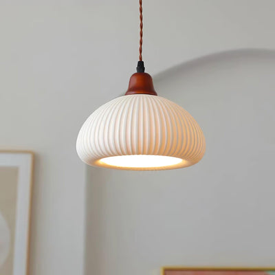 Rustic Ceramic Pendant Light with Oak Accent