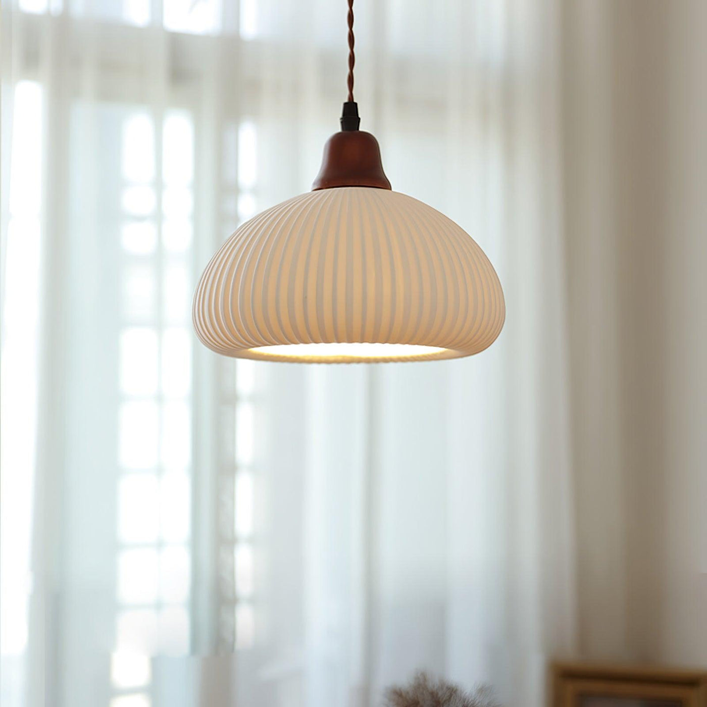 Rustic Ceramic Pendant Light with Oak Accent