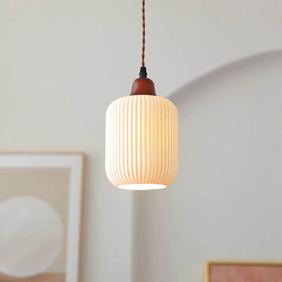 Rustic Ceramic Pendant Light with Oak Accent