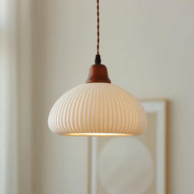 Rustic Ceramic Pendant Light with Oak Accent