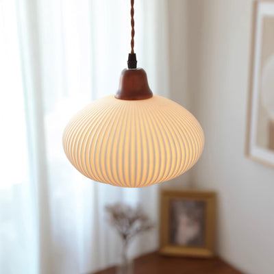 Rustic Ceramic Pendant Light with Oak Accent
