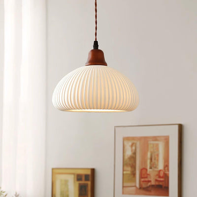 Rustic Ceramic Pendant Light with Oak Accent