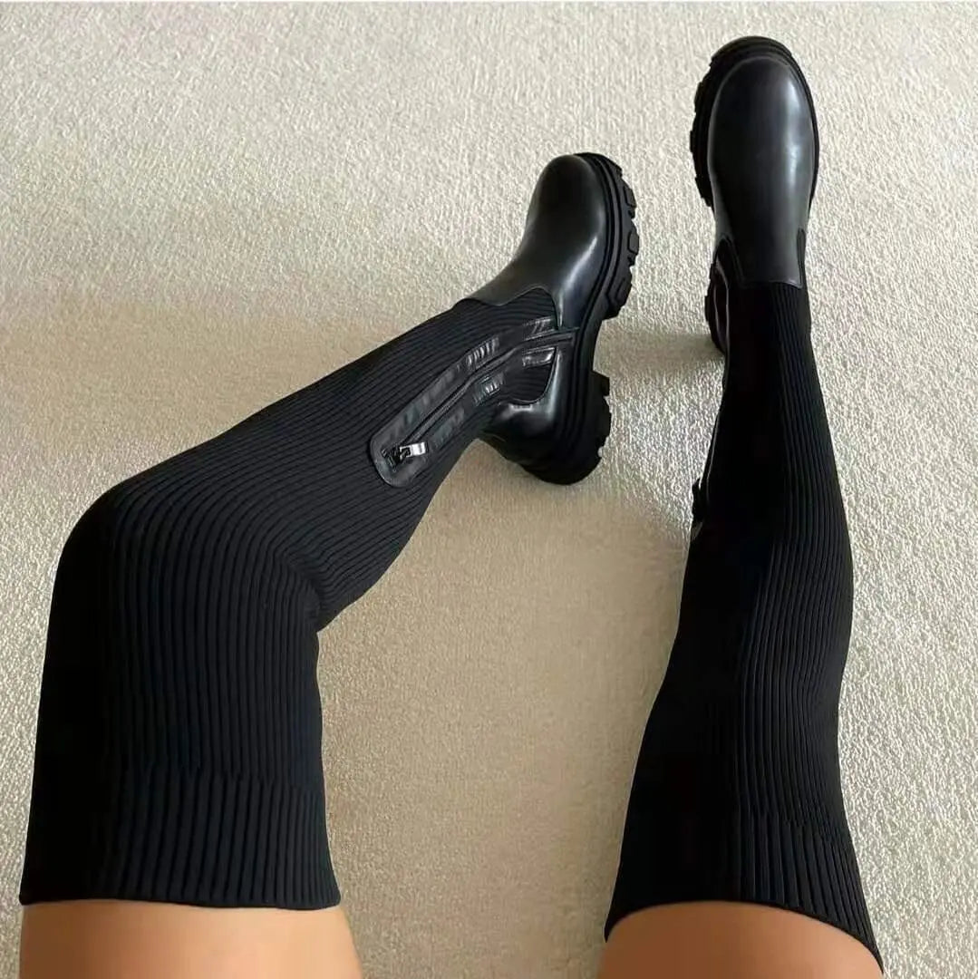Women’s Stretch Knit Black Knee High Boots with Sleek Design