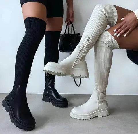 Women’s Stretch Knit Black Knee High Boots with Sleek Design