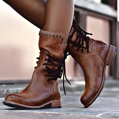 Women’s Lace-Up Mid-Calf Boots with Studded Collar & Heel