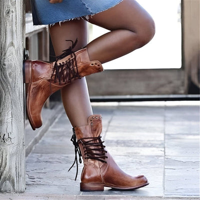 Women’s Lace-Up Mid-Calf Boots with Studded Collar & Heel