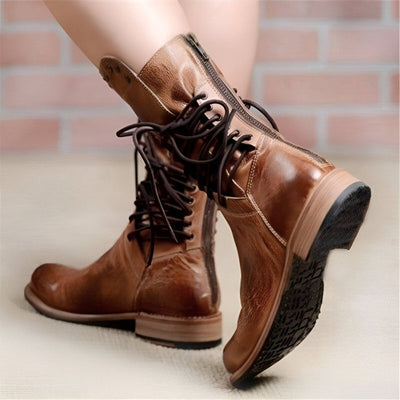 Women’s Lace-Up Mid-Calf Boots with Studded Collar & Heel