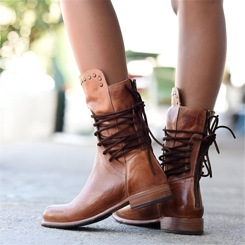Women’s Lace-Up Mid-Calf Boots with Studded Collar & Heel