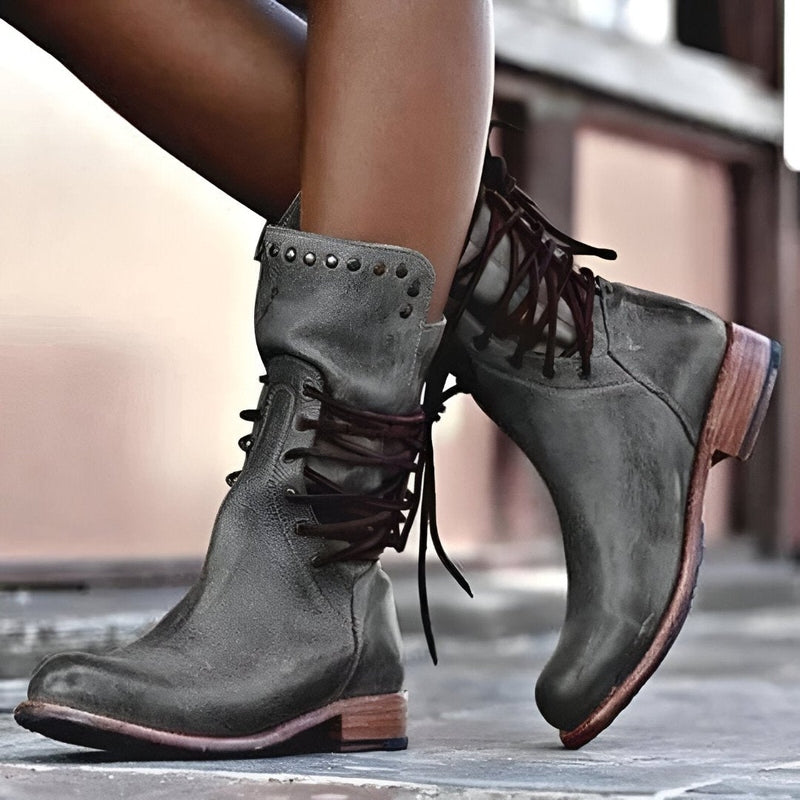 Women’s Lace-Up Mid-Calf Boots with Studded Collar & Heel