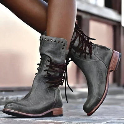 Women’s Lace-Up Mid-Calf Boots with Studded Collar & Heel
