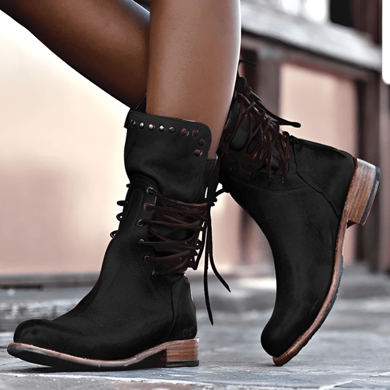 Women’s Lace-Up Mid-Calf Boots with Studded Collar & Heel