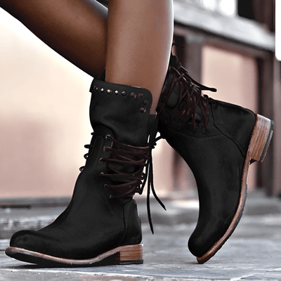Women’s Lace-Up Mid-Calf Boots with Studded Collar & Heel