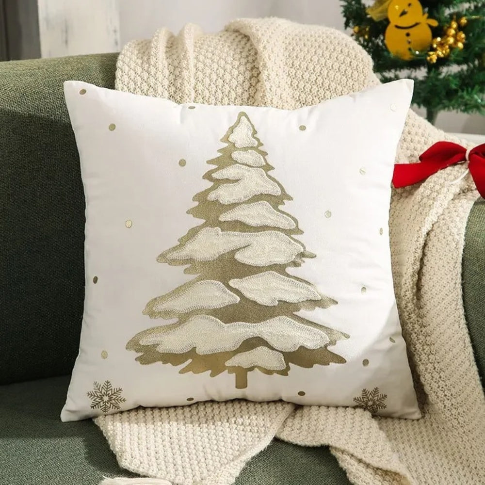 Velvet Christmas Cushion Cover with Embroidered Tree