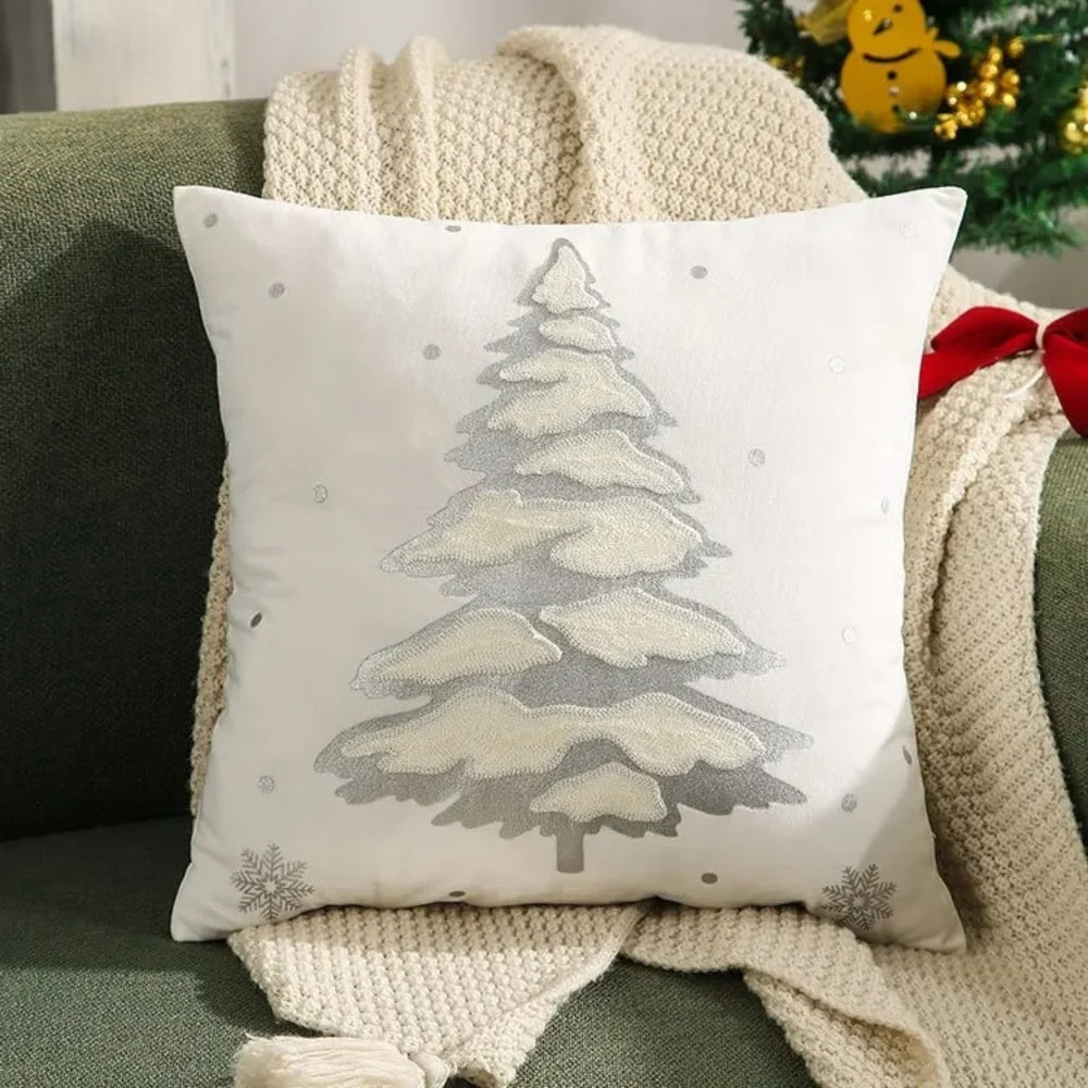 Velvet Christmas Cushion Cover with Embroidered Tree