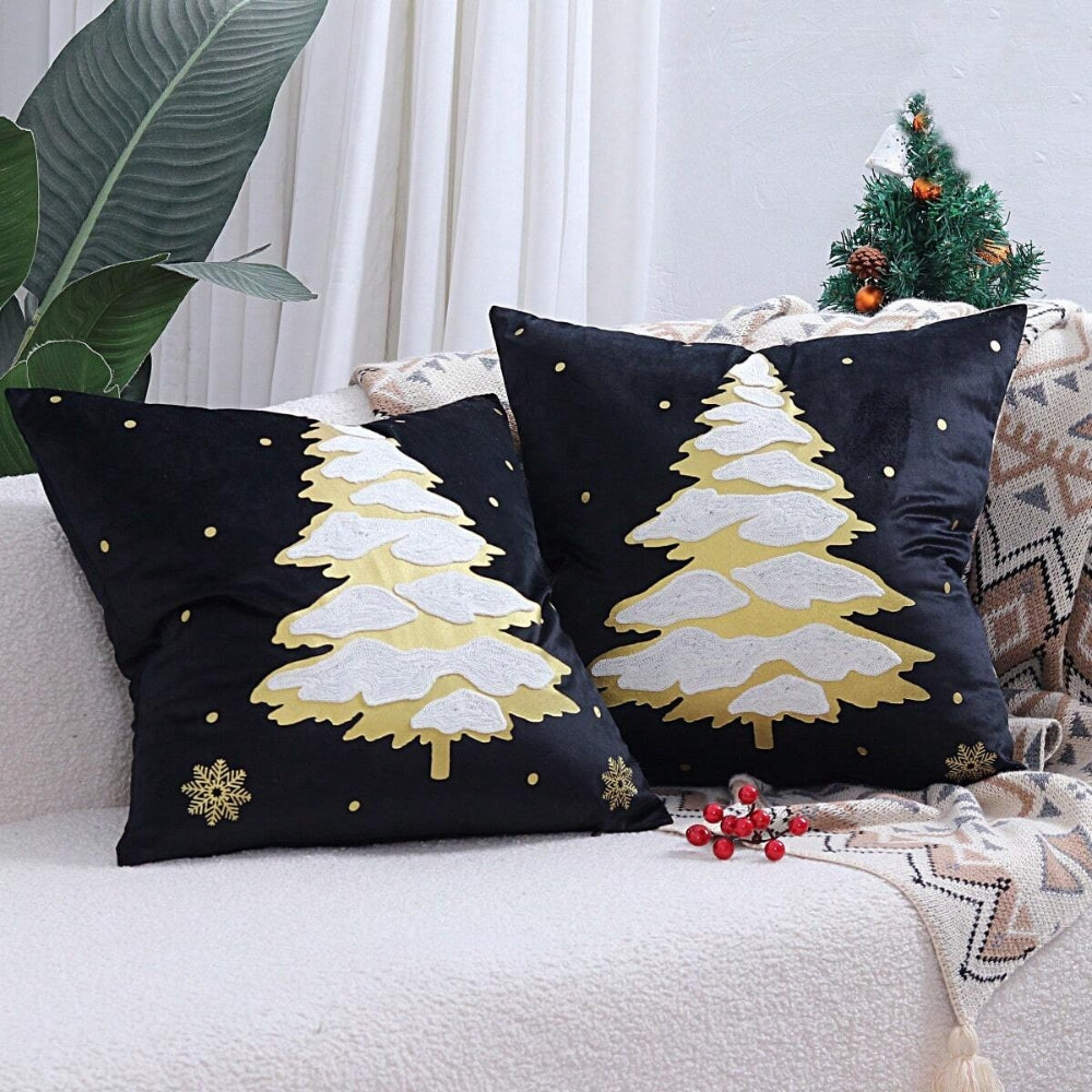 Velvet Christmas Cushion Cover with Embroidered Tree