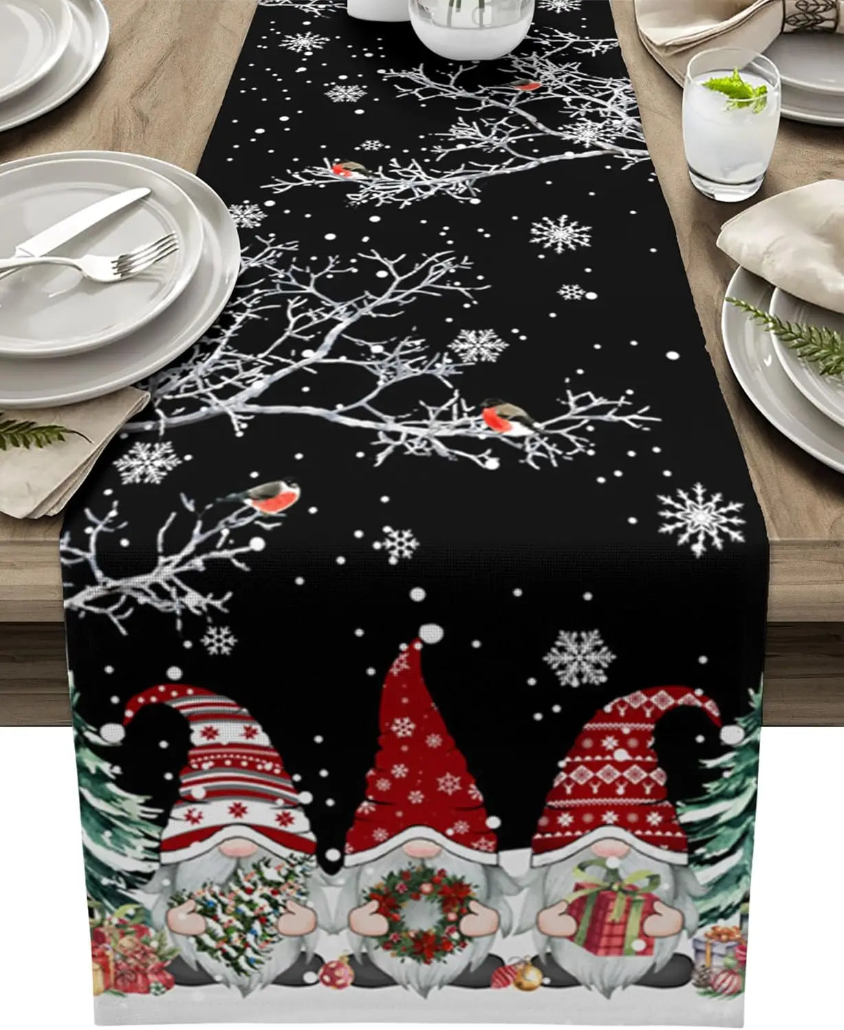 Christmas Table Runner with Snowflake and Gnome Design – Linen