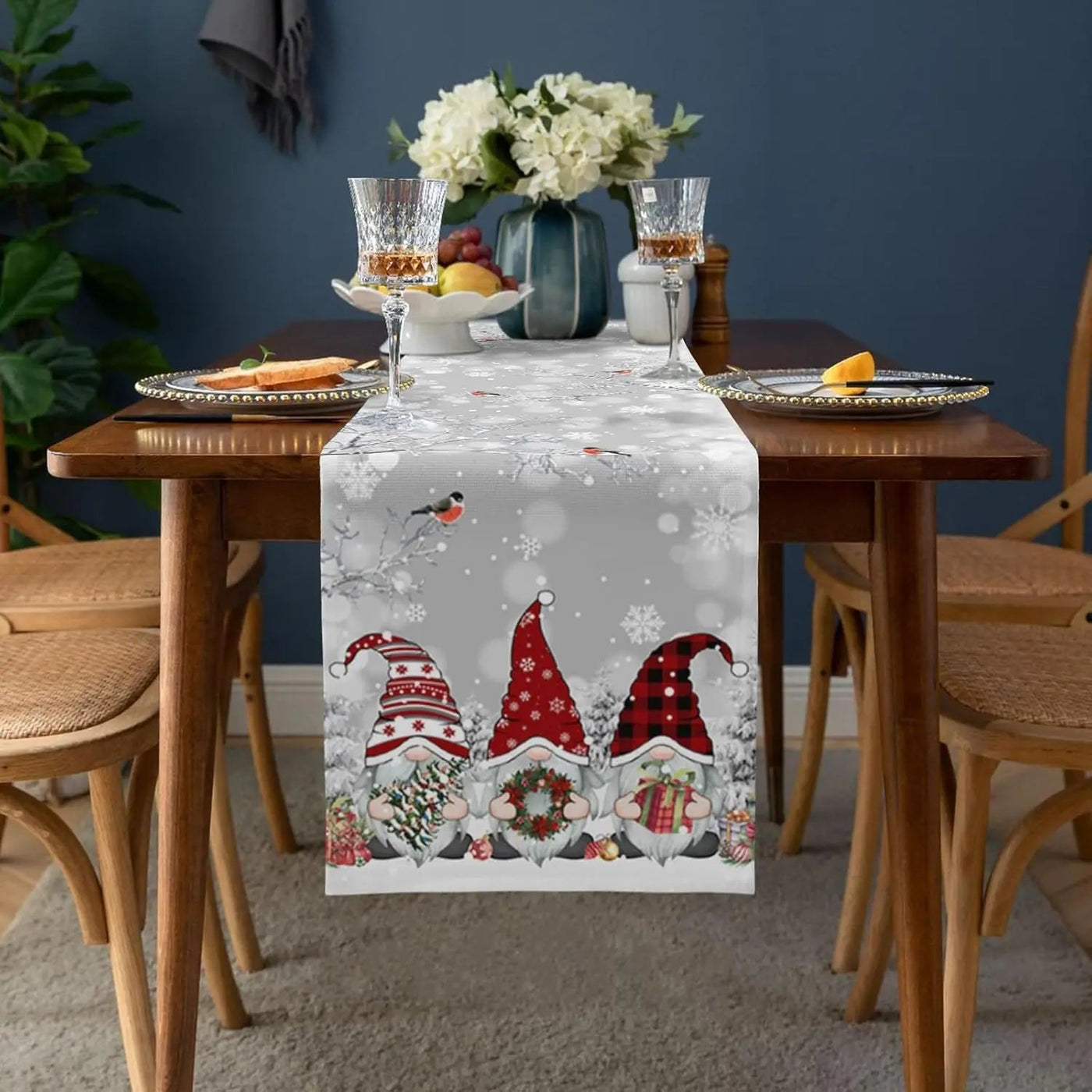 Christmas Table Runner with Snowflake and Gnome Design – Linen