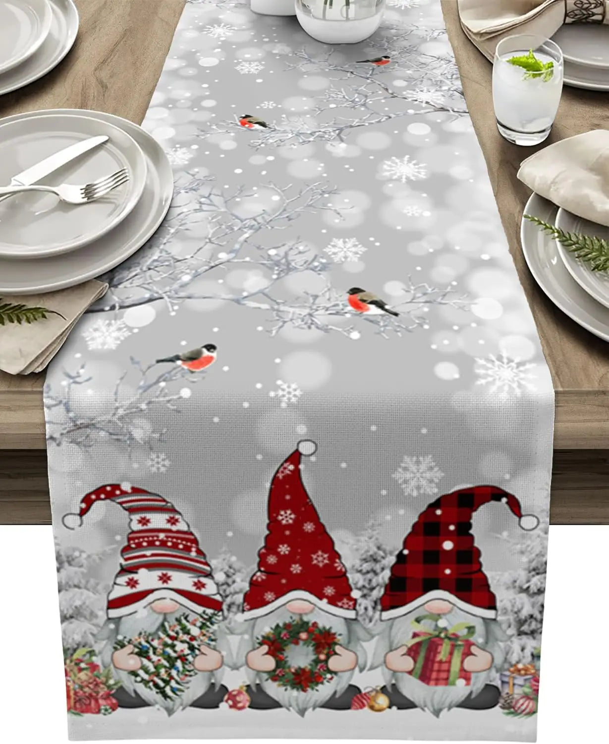 Christmas Table Runner with Snowflake and Gnome Design – Linen