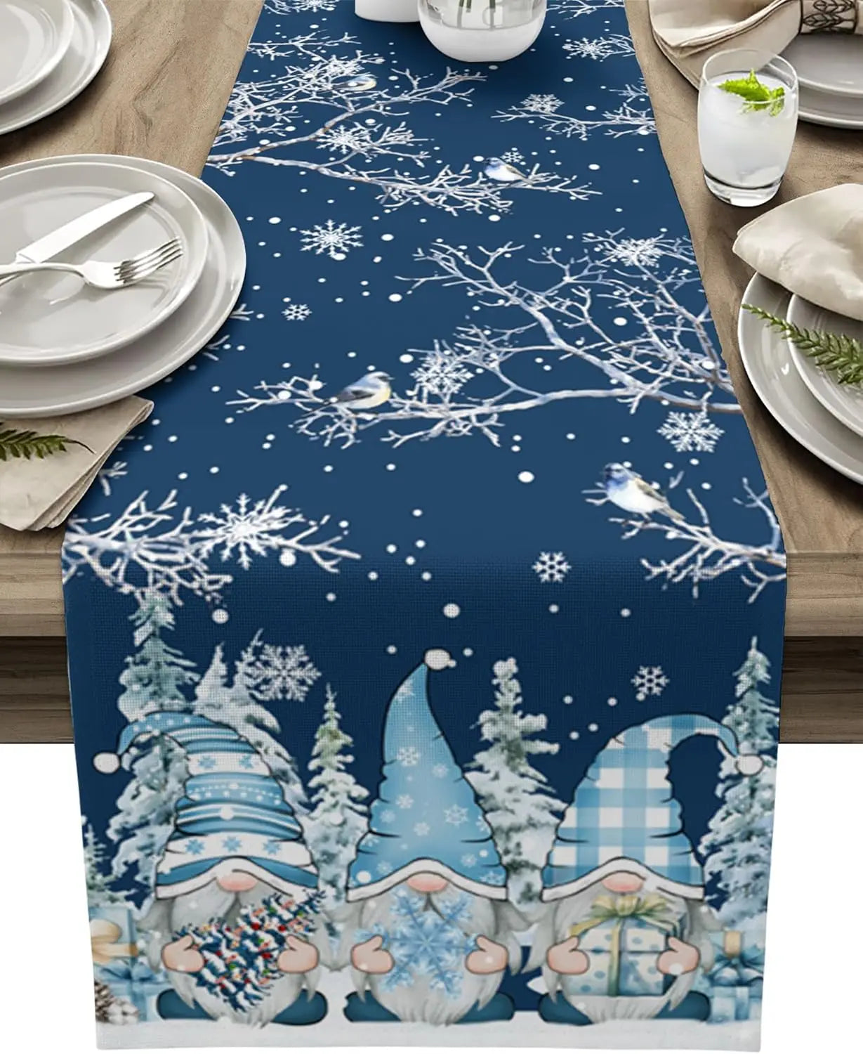 Christmas Table Runner with Snowflake and Gnome Design – Linen
