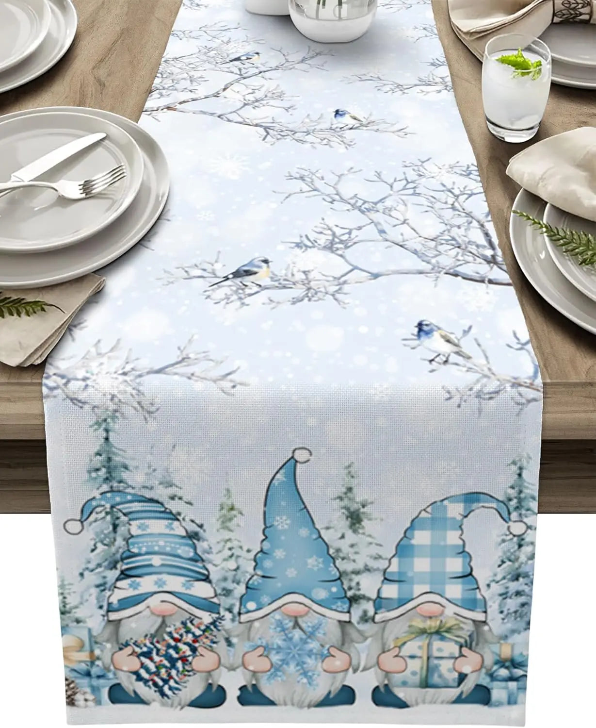 Christmas Table Runner with Snowflake and Gnome Design – Linen