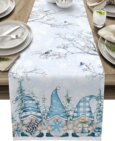 Christmas Table Runner with Snowflake and Gnome Design – Linen
