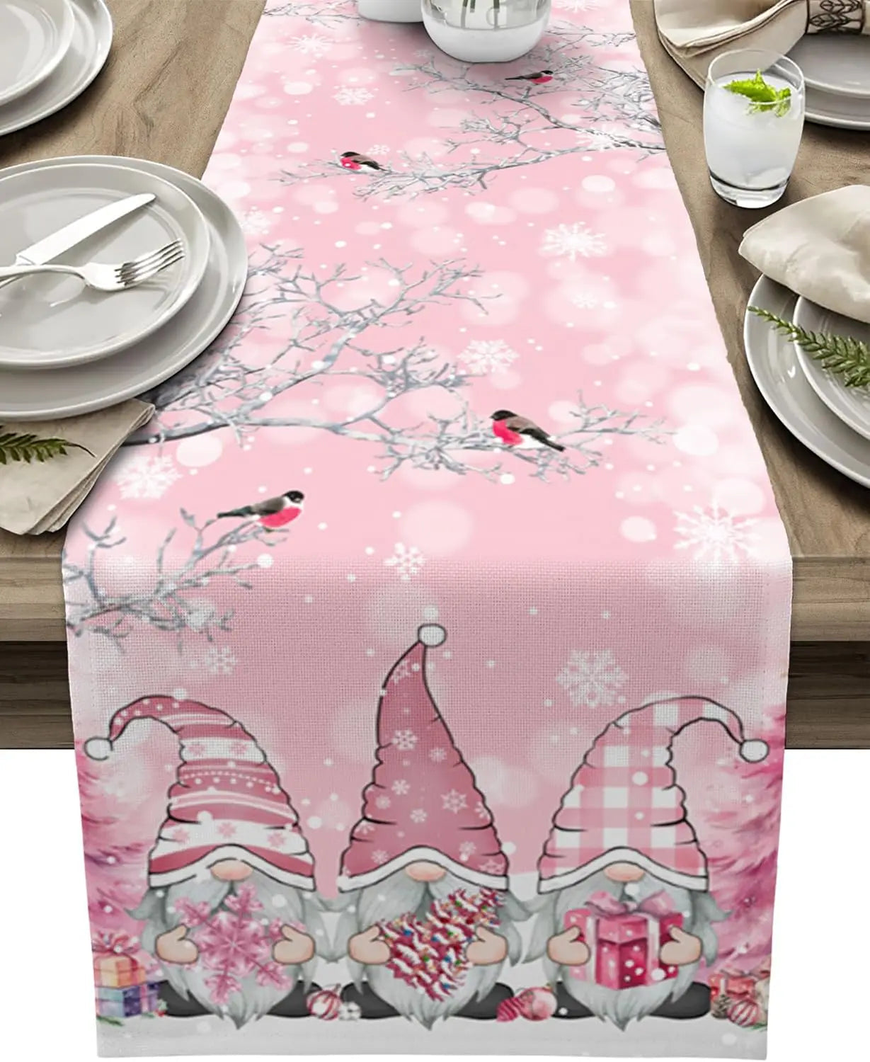 Christmas Table Runner with Snowflake and Gnome Design – Linen