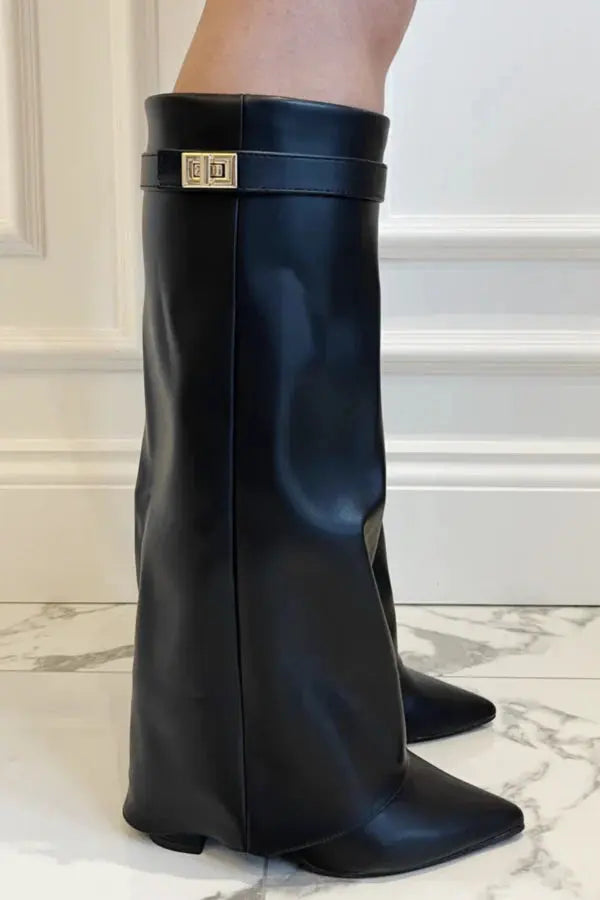 Women’s Black Leather Knee High Boots with Elegant Design