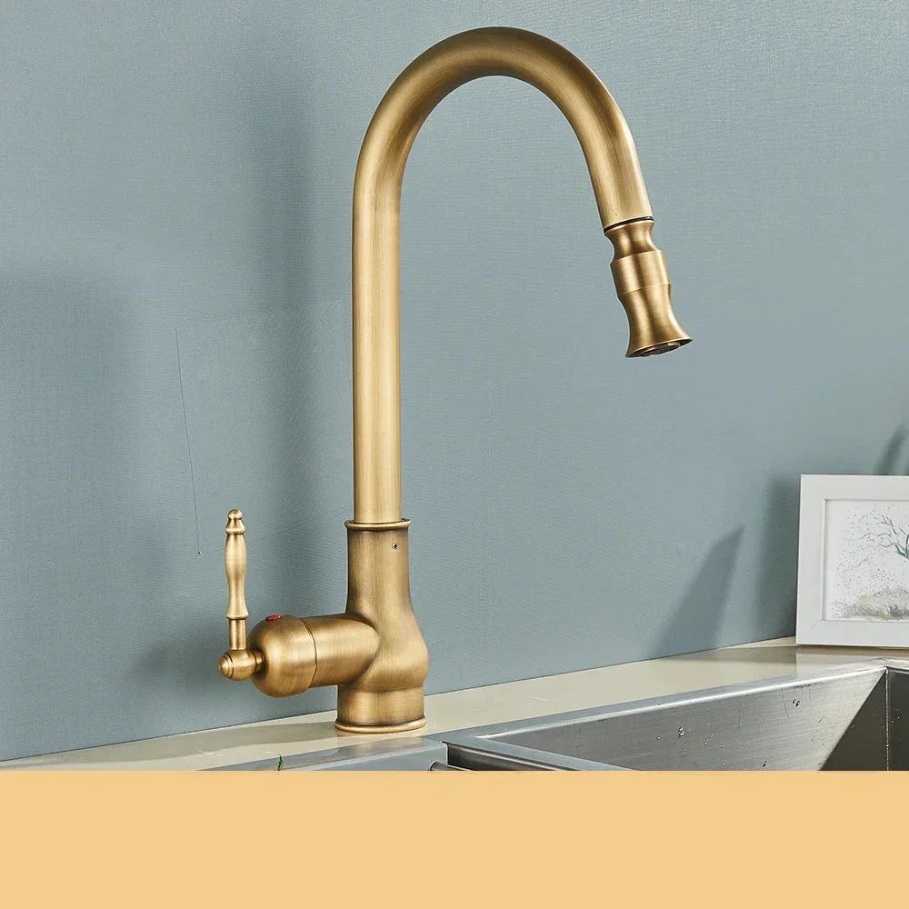 Antique Brass Kitchen Faucet with Swivel Spout