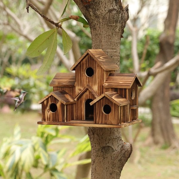 Rustic Wooden Handmade Birdhouse with 6 Entrances
