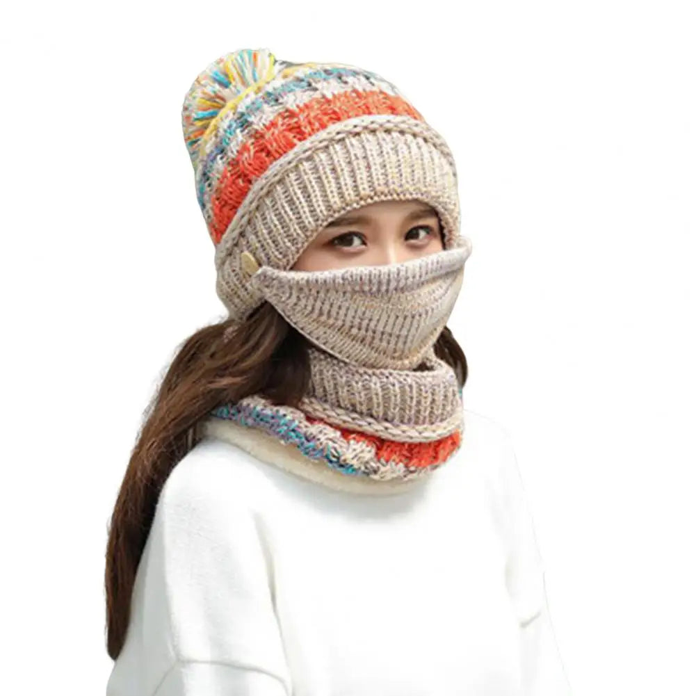 Women’s Knitted Hat and Scarf Set – Velvet Lined with Face Guard