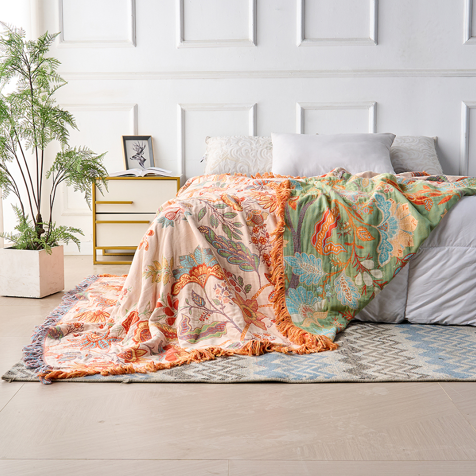 Boho Floral Cotton Throw Blanket with Fringe – Cream & Orange