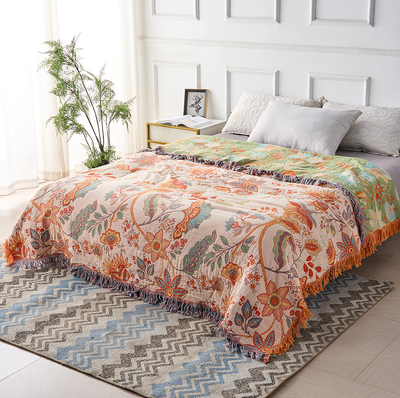 Boho Floral Cotton Throw Blanket with Fringe – Cream & Orange