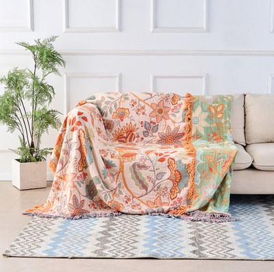 Boho Floral Cotton Throw Blanket with Fringe – Cream & Orange