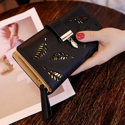 GoldenLeaf PU Leather Wallet with Leaf Charm Design