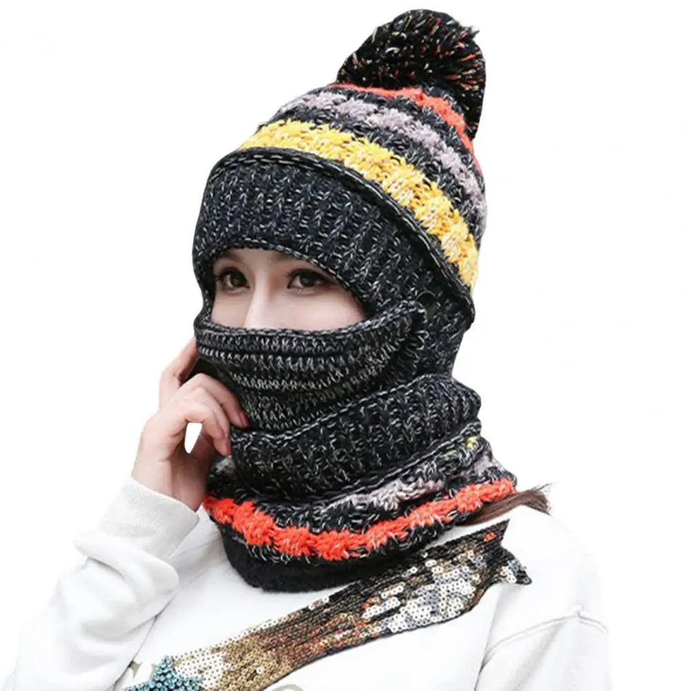 Women’s Knitted Hat and Scarf Set – Velvet Lined with Face Guard