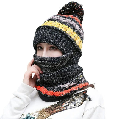 Women’s Knitted Hat and Scarf Set – Velvet Lined with Face Guard