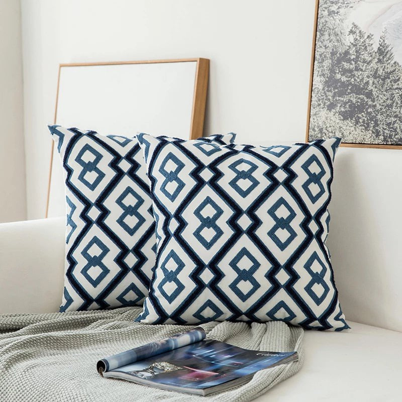 Blue Embroidered Decorative Pillow Cover