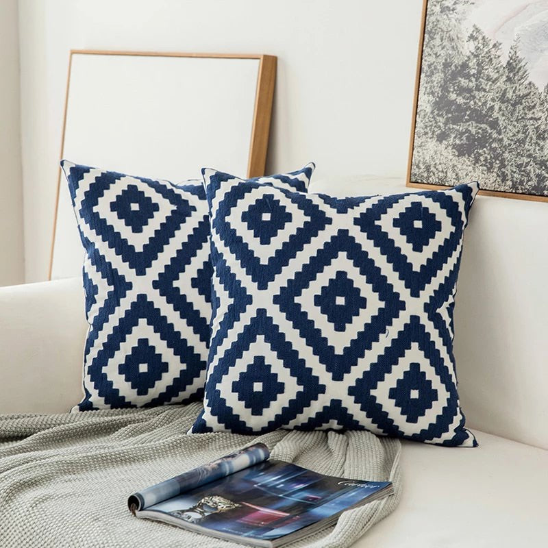 Blue Embroidered Decorative Pillow Cover